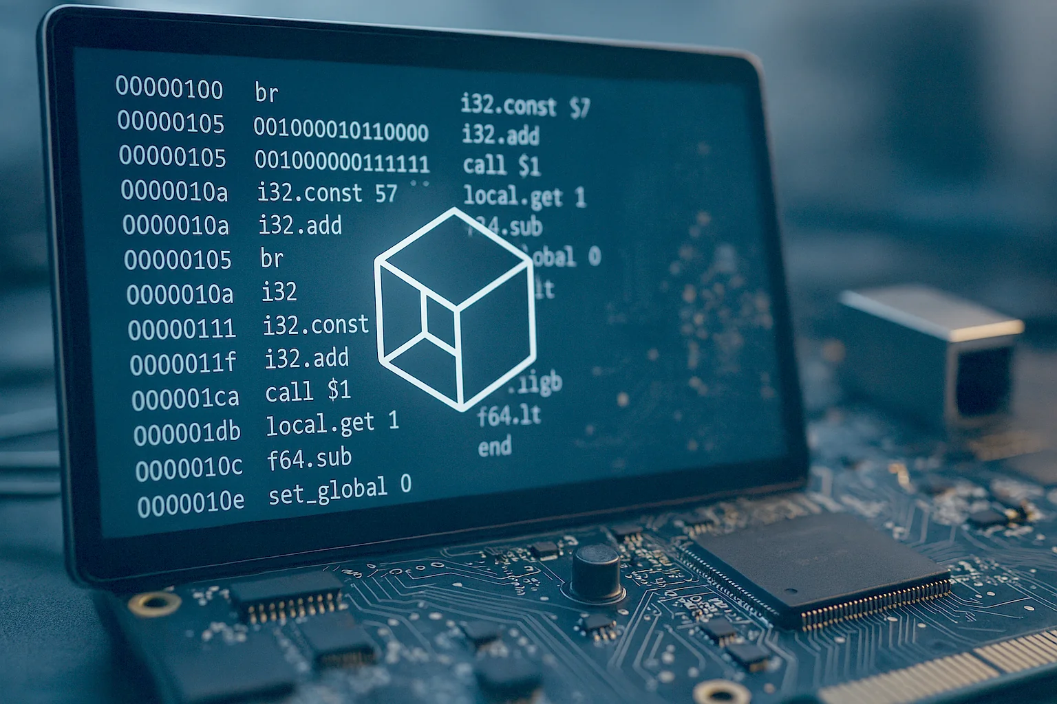 Elektronikplatine mit aufgesetzten Bildschirm mir Webassembly Quelltext