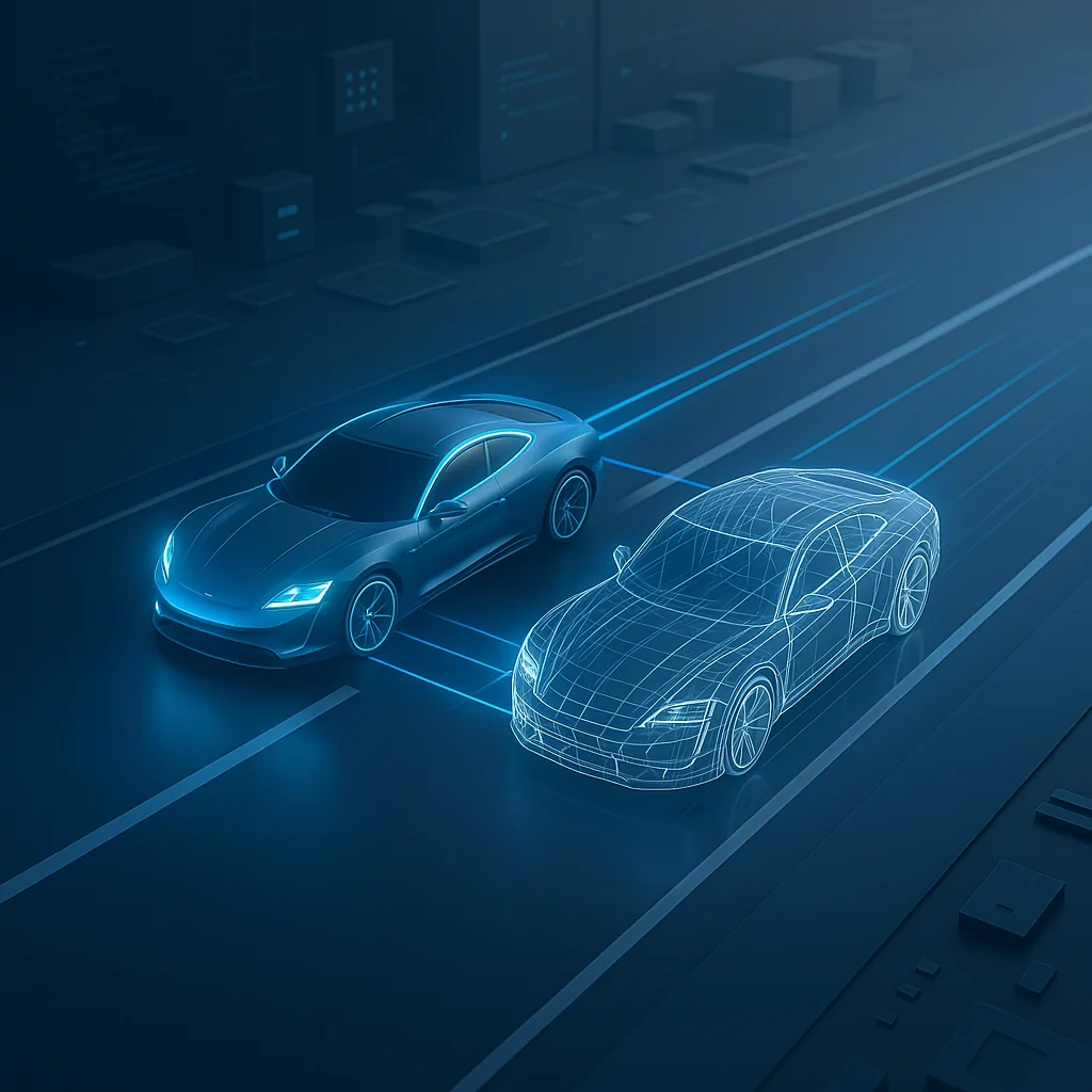 Technische Illustration zweier Fahrzeuge in Bewegung auf parallelen Fahrspuren: Das linke Fahrzeug ist vollständig und solid dargestellt und symbolisiert die produktive Fahrzeugsoftware im Realbetrieb. Das rechte Fahrzeug erscheint als transparentes Drahtgitter-Modell – es visualisiert den Shadow Mode: eine parallel laufende Softwareschicht, die das reale Fahrzeugverhalten beobachtet, ohne in die Fahrzeugfunktionen einzugreifen.